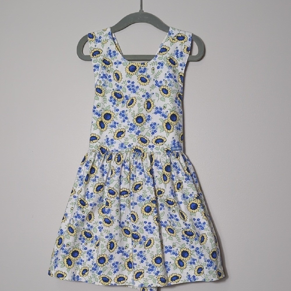 Vtg 90s OshKosh Girls 4T Blue Yellow Sunflower Cotton Dress Jumper HTF! RARE!